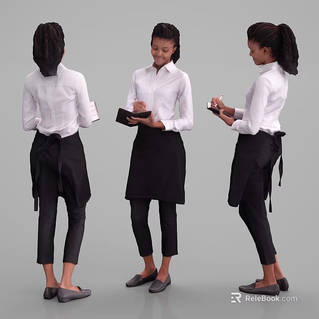 Professional Woman In White Shirt And Black Apron Holding Notebook From Different Angles 3d model 