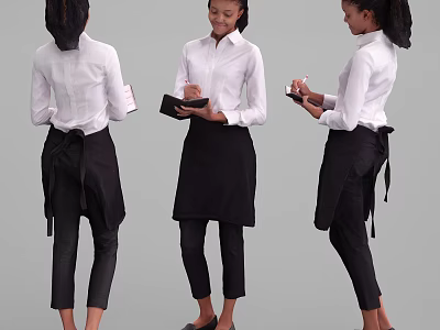 Professional Woman In White Shirt And Black Apron Holding Notebook From Different Angles 3d model