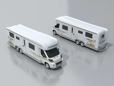 Two Modern White Buses With Golden Decorations Parked On Shiny Surface 3d model Two Modern White Buses With Golden Decorations Parked On Shiny Surface 3d model