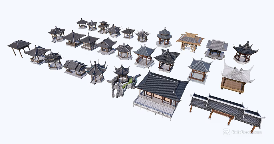 Traditional Chinese Architecture Models With Various Pavilion And Roof Styles 3d model 