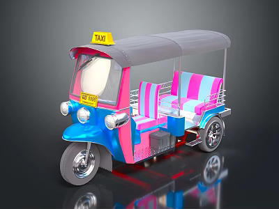 Blue And Pink Tuk Tuk Taxi With Yellow TAXI Sign On Roof And Striped Seats 3d model