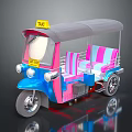 Blue And Pink Tuk Tuk Taxi With Yellow TAXI Sign On Roof And Striped Seats