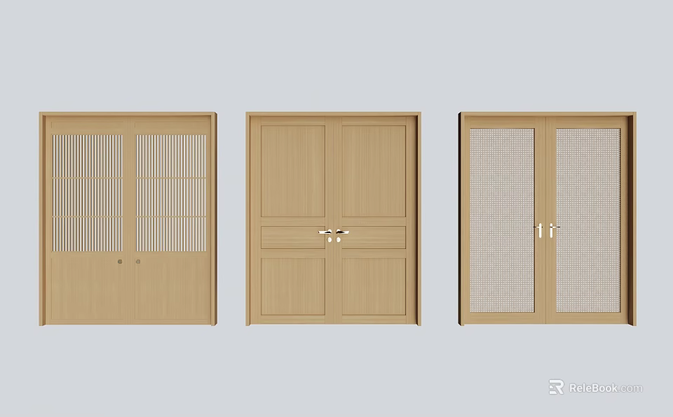 Wooden Double Doors With Various Panel Designs For Interior Spaces 3d model