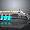 Futuristic Gray Pistol With Orange Stripes Three Blue Cylindrical Parts And Black Grip