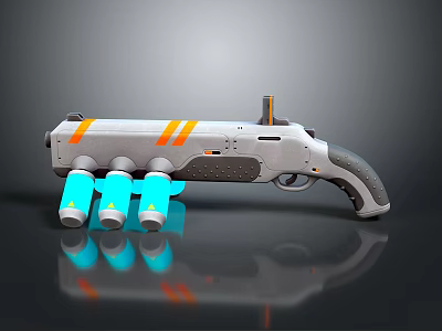 Futuristic Gray Pistol With Orange Stripes Three Blue Cylindrical Parts And Black Grip 3d model