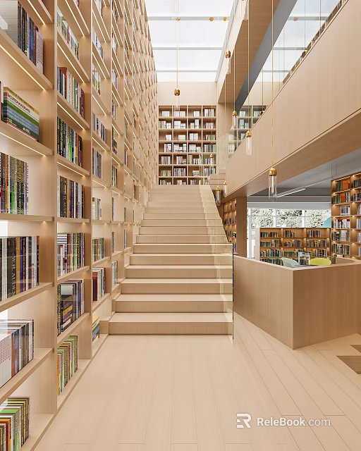 Modern Library Interior With Bookshelves And Stairs 3d model 