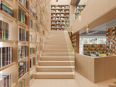 Modern Library Interior With Bookshelves And Stairs 3d model