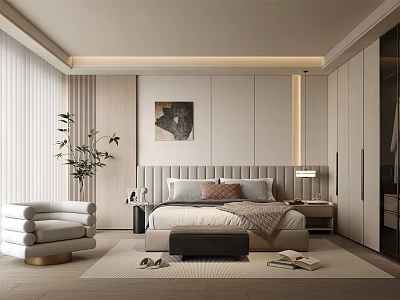 Modern Bedroom Interior With King Size Bed Built In Wardrobe And Decorative Painting 3d model