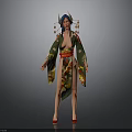 Traditional Geisha Kimono Costume With Floral Patterns Red Obi Belt And Ornamental Hairpieces