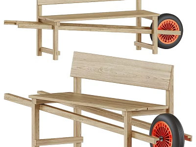 Wooden Outdoor Bench With Red Wheels For Garden Patio Seating 3d model