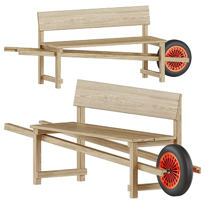 Wooden Outdoor Bench With Red Wheels For Garden Patio Seating 3d model