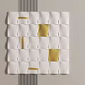White and Gold Woven Square Wall Decor With Dark Vertical Stripes on Light Background