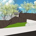 Modern Geometric Garden Wall Design With Trees Grass And Stone Steps