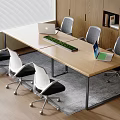 Modern Office Table And Chair Set With Wooden Top Ergonomic Chairs And Green Plant Tray