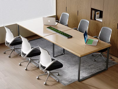 Modern Office Table And Chair Set With Wooden Top Ergonomic Chairs And Green Plant Tray 3d model