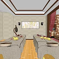 SPA Sauna Room Interior Design With Massage Beds Decorative Paintings And Wooden Lanterns