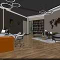 Modern Public Office Workspace With Open Desks Computers Green Plants Pendant Lights And Floor-to-Ceiling Windows