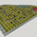 Military Themed Scene With Stone Walls Green Truck Wooden Crates Sandbags Crossed Frames And Grassland