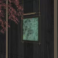Greenish Abstract Painting on Dark Wooden Wall with Metal Frame and Red Maple Leaves