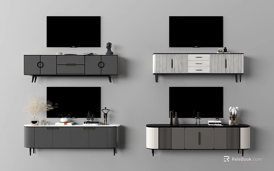 Modern TV Cabinets Different Designs Grey White Colors Drawers Doors With TV And Decorations 3d model 