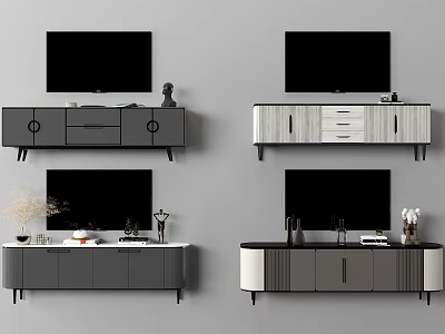 Modern TV Cabinets Different Designs Grey White Colors Drawers Doors With TV And Decorations 3d model