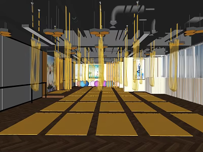 Bright Indoor Fitness Studio With Yellow Suspension Ropes And Neatly Arranged Yoga Mats 3d model