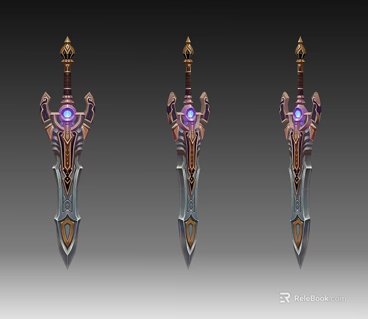 Three Ornate Fantasy Swords With Purple Gem And Intricate Gold Decorations 3d model 
