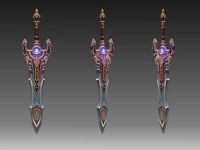 Three Ornate Fantasy Swords With Purple Gem And Intricate Gold Decorations 3d model
