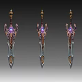 Three Ornate Fantasy Swords With Purple Gem And Intricate Gold Decorations