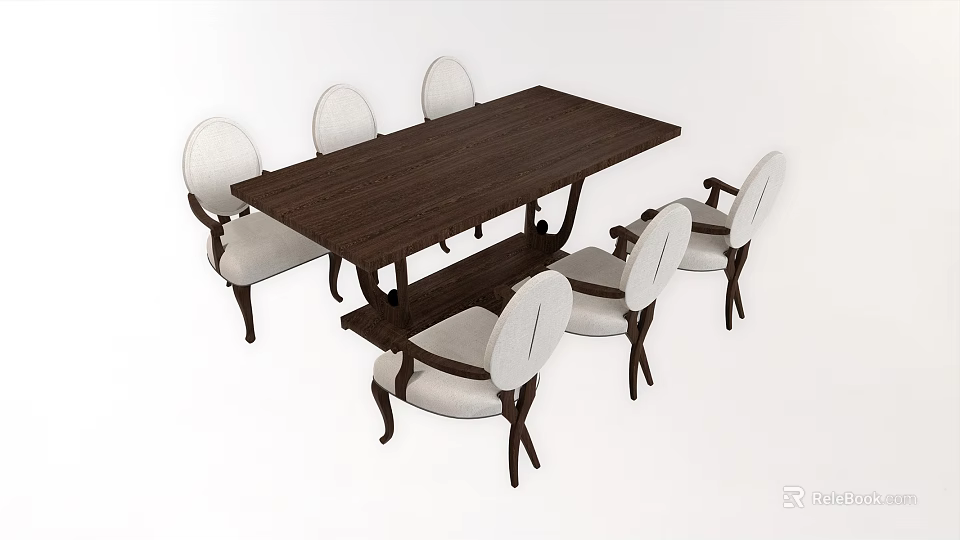 Minimalist Dining Table Set With Dark Wooden Table And Six Light Colored Chairs 3d model