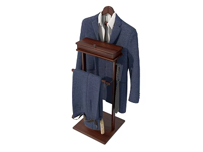 Elegant Blue Men's Suit Set Hanging On Wooden Hanger With Tray 3d model