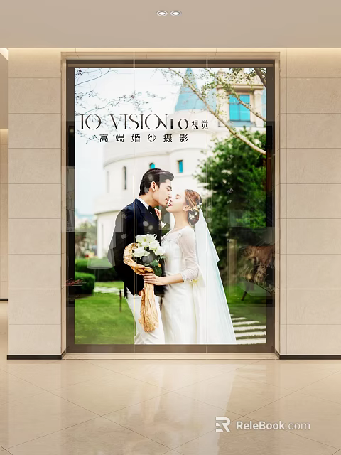 High End Wedding Photography Showcase Window With Bride Groom And Wedding Attire 3d model 