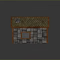 Cartoon Style Small House with Stone Walls Wooden Tile Roof and Small Window
