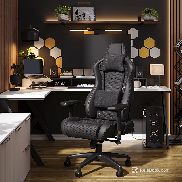 Modern Gaming Chair In Home Office With Hexagon Wall Decor And Audio Speakers 3d model 