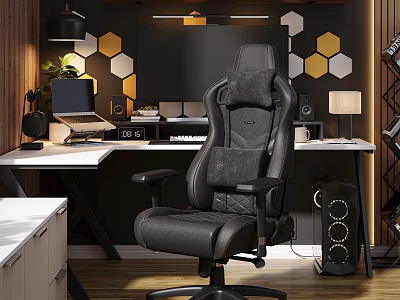 Modern Gaming Chair In Home Office With Hexagon Wall Decor And Audio Speakers 3d model