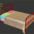 Golden Metal Frame Bed With Pink Mattress And Red Blue Plaid Bedspread