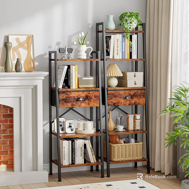 Modern Wood And Metal Shelving Unit With Books Decor And Storage Baskets 3d model 