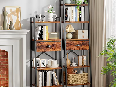 Modern Wood And Metal Shelving Unit With Books Decor And Storage Baskets 3d model