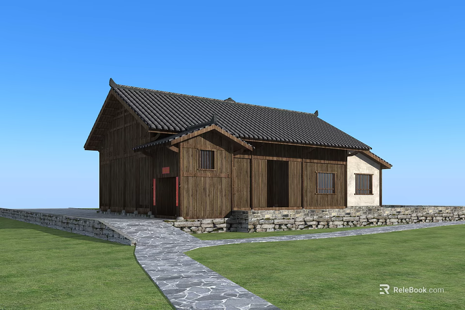 Traditional Ancient Building With Wooden Structure Black Tiled Roof Stone Path And Green Lawn 3d model 