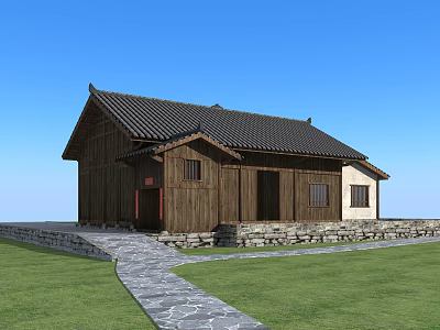 Traditional Ancient Building With Wooden Structure Black Tiled Roof Stone Path And Green Lawn 3d model