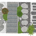 Natural Garden Stepping Stones Pathway With Green Grass Shrubs Pebbles And Lanterns