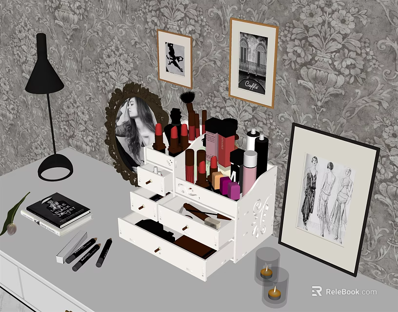 Perfume and Cosmetics in Makeup Organizer on Stylish Vanity with Decorative Prints and Table Lamp 3d model 