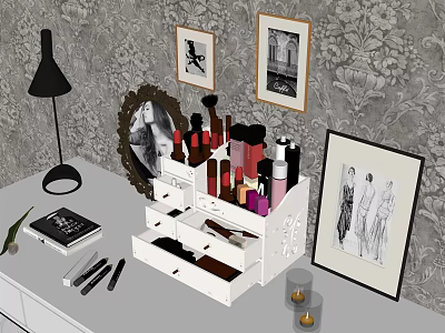 Perfume and Cosmetics in Makeup Organizer on Stylish Vanity with Decorative Prints and Table Lamp 3d model