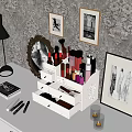 Perfume and Cosmetics in Makeup Organizer on Stylish Vanity with Decorative Prints and Table Lamp