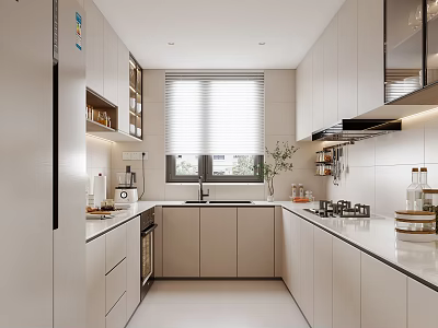 Modern Open Kitchen Interior Design With White Cabinets Island Countertop And Window Blinds 3d model