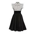 Stylish Women's Sleeveless Dress With Beige Bow Tie Top And Brown Pleated Skirt