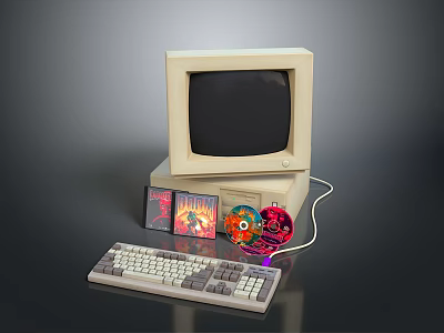 Vintage Electronic Appliances Setup With CRT Monitor Keyboard And Colorful Discs 3d model
