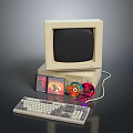 Vintage Electronic Appliances Setup With CRT Monitor Keyboard And Colorful Discs