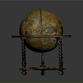 Antique Decorative Painted Globe On Carved Wooden Stand With Twisted Legs