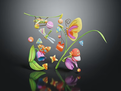 Colorful Scene Components Featuring Butterfly Flowers Leaves Stars And Mushroom Decor 3d model